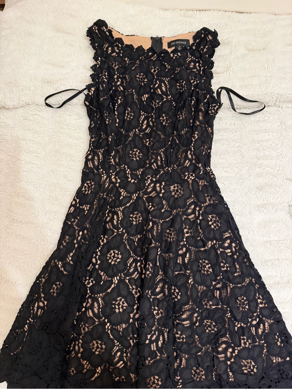 Jodi Kristopher Black Lace Midi Dress with Nude Lining
